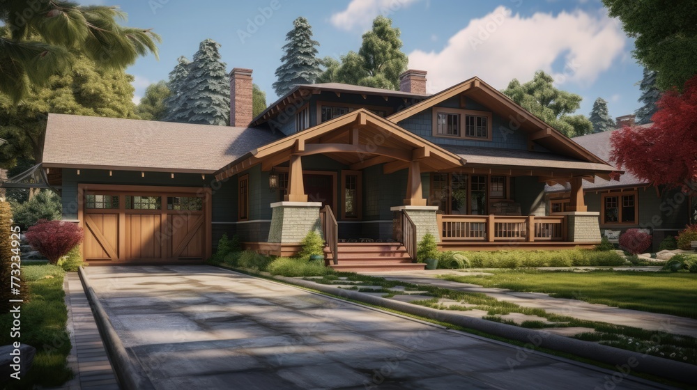 craftsman home exterior with stone path and wooden garage doors, created with generative ai AI generated