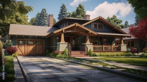 craftsman home exterior with stone path and wooden garage doors, created with generative ai AI generated © rimsha