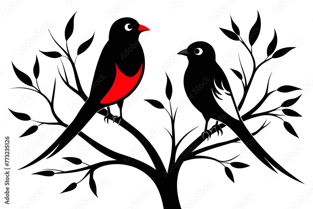 Captured a two colorful tia bird on a tree Silhouette black on white background Captured a two colorful tia bird on a tree Silhouette black on white background