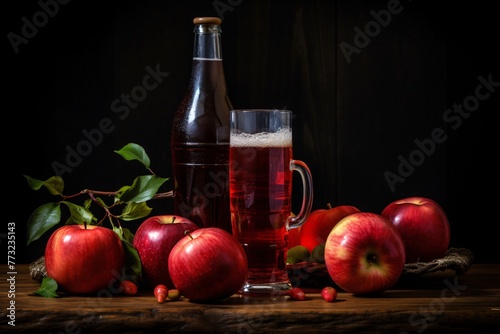 a glass of juice next to a bottle of liquid and apples