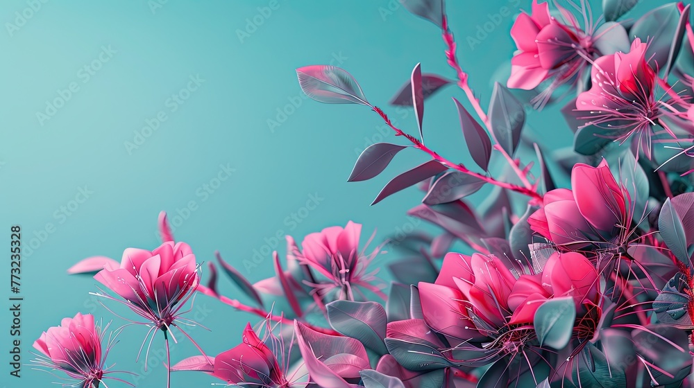 Vibrant pink flowers with sharp thorns set against a calming aqua background, accentuating contrast and beauty.. Generative AI