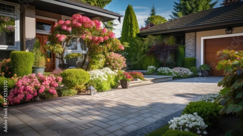 Entrance of a luxury house with a patio and flowers in Vancouver, Canada. Home exterior with patio area with nice landscaping desing around. Nobody, selective focus, street photo