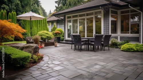 Entrance of a luxury house with a patio in Vancouver, Canada. Home exterior with patio area with nice landscaping desing around. Nobody, selective focus, street photo