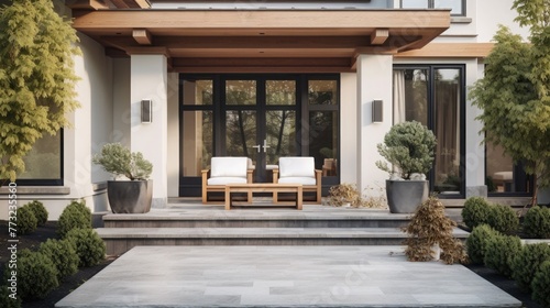 Entrance of a luxury house with a patio and flowers in Vancouver, Canada. Home exterior with patio area with nice landscaping desing around. Nobody, selective focus, street photo