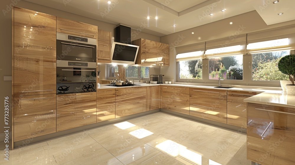 Fully fitted modern kitchen in birch wood finish with modern appliances