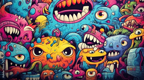 colorful doodle cute monsters, Generative AI © khwanchai