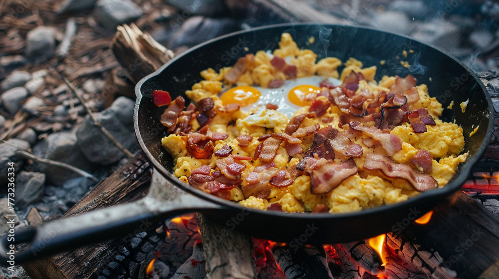 Amidst the serene sounds of the forest, scrambled eggs and bacon cook over a campfire in a sturdy skillet, offering a fulfilling start to a day of camping