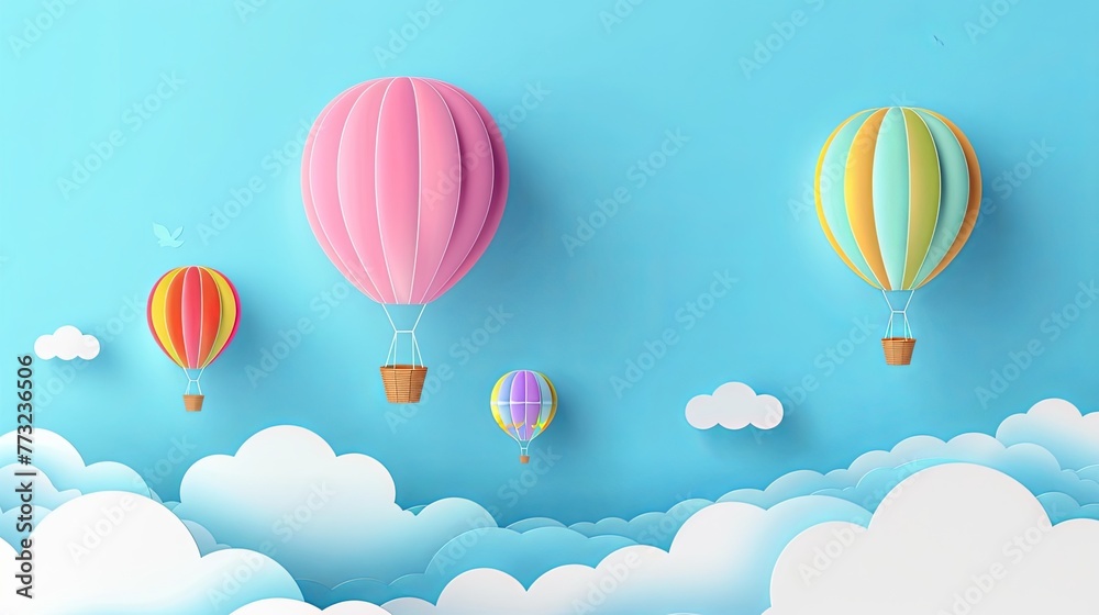 3d paper cut style colorful hot air balloons flying in the sky with clouds background