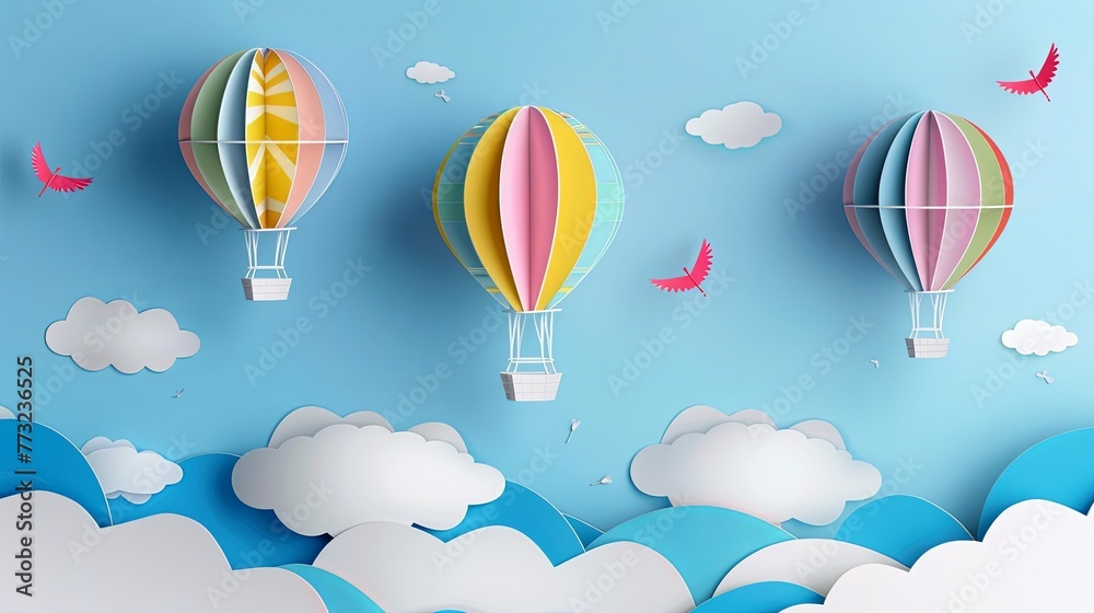 3d paper cut style colorful hot air balloons flying in the sky with clouds background