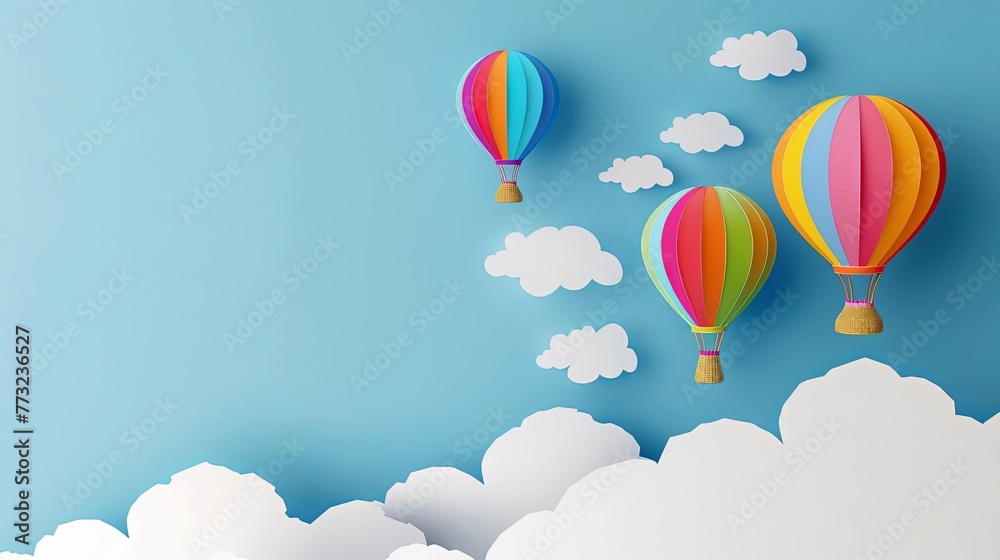 3d paper cut style colorful hot air balloons flying in the sky with clouds background 3d paper cut style colorful hot air balloons flying in the sky with clouds background
