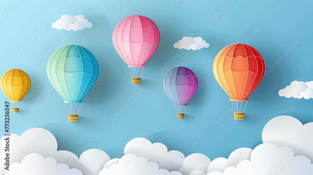 3d paper cut style colorful hot air balloons flying in the sky with clouds background