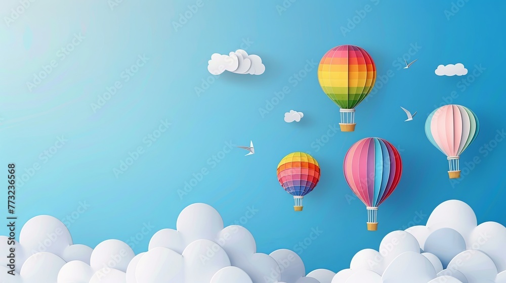 3d paper cut style colorful hot air balloons flying in the sky with clouds background