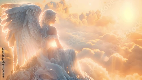 Guardian angel in the clouds of heaven. Spiritual background. Archangel. Heavenly angelic spirit with wings. White angel. Belief. Afterlife. Spiritual Angel. Blessing. Sky clouds with bright light ray photo