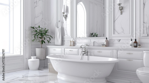 An elegant white bathroom interior showcases a pristine marble countertop  offering ample copy space  complemented by stylish bathroom appliances