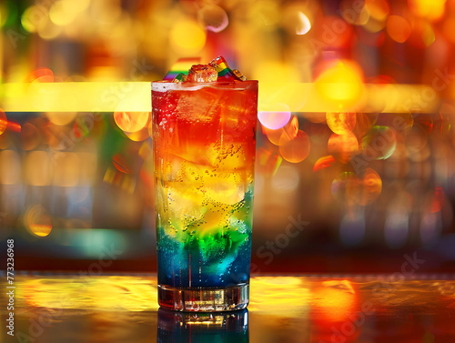 Colorful pride-themed cocktail with rainbow layers and vibrant bokeh background