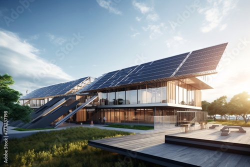 a building with solar panels on the roof