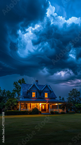 House under umbrella, storm clouds above, twilight glow, safety in adversity, wide angle, serene assurance photo