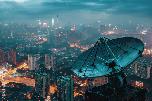 Satellite dish with night city
