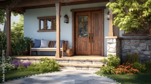 Home exterior with concrete porch overlooking landscaped yard and paved driveway. A wooden swing bench is in front of the front door and window. © rimsha