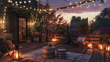 As dusk settles on a cool autumn evening, an inviting rooftop terrace is aglow with outdoor string lights and lanterns, enhancing the cozy ambiance of this beautiful house setting.