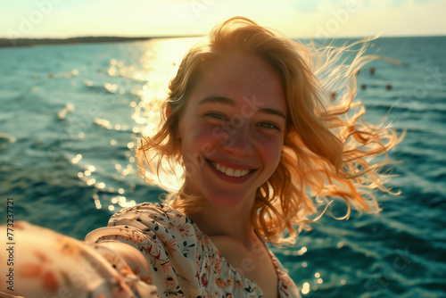 Selfie portrait of a beautiful young woman at the sea at sunset.
