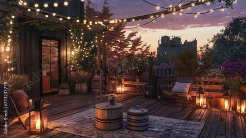 As dusk settles on a cool autumn evening, an inviting rooftop terrace is aglow with outdoor string lights and lanterns, enhancing the cozy ambiance of this beautiful house setting. photo