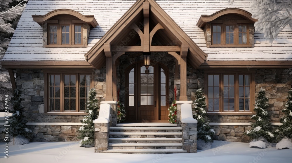 Home exterior with wood wnd stone wall under snowy roof with huge sharp icicles. Front door, transom window, and snoed in hill can also be seen in this winter scenery - obrazy, fototapety, plakaty 