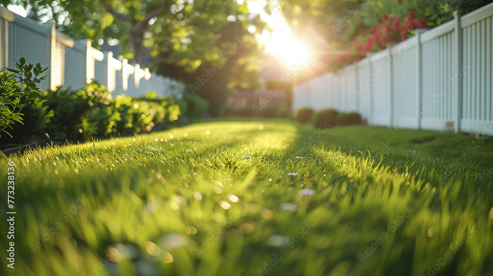 Serene backyard, white fence, freshly cut grass, bright midday sun, high angle, perfect suburban dream