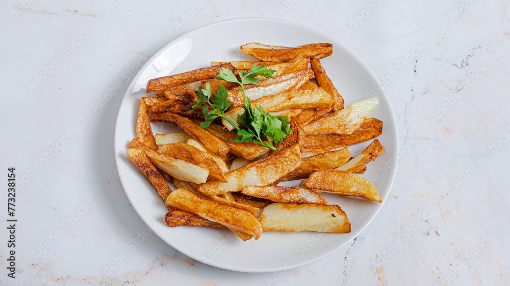 French fries plate top view French fries plate top view