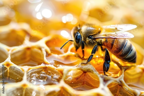 Detailed view of a bee collecting nectar on a honeycomb © Е К