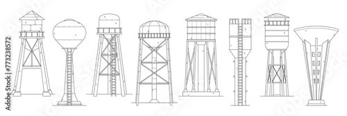 Water Towers Isolated Outline Monochrome Vector Icons Set. Elevated Structures Used To Store And Distribute Water