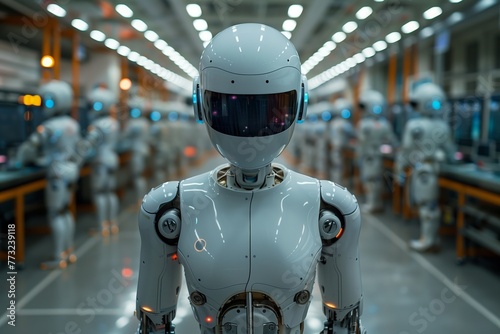 Frontal view of robotic figure in a factory setting