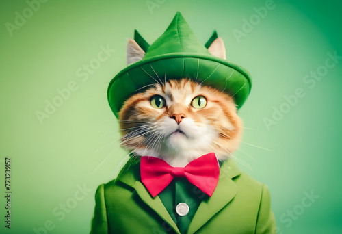 Orange tabby cat dressed as a detective with green hat and jacket on a green background.