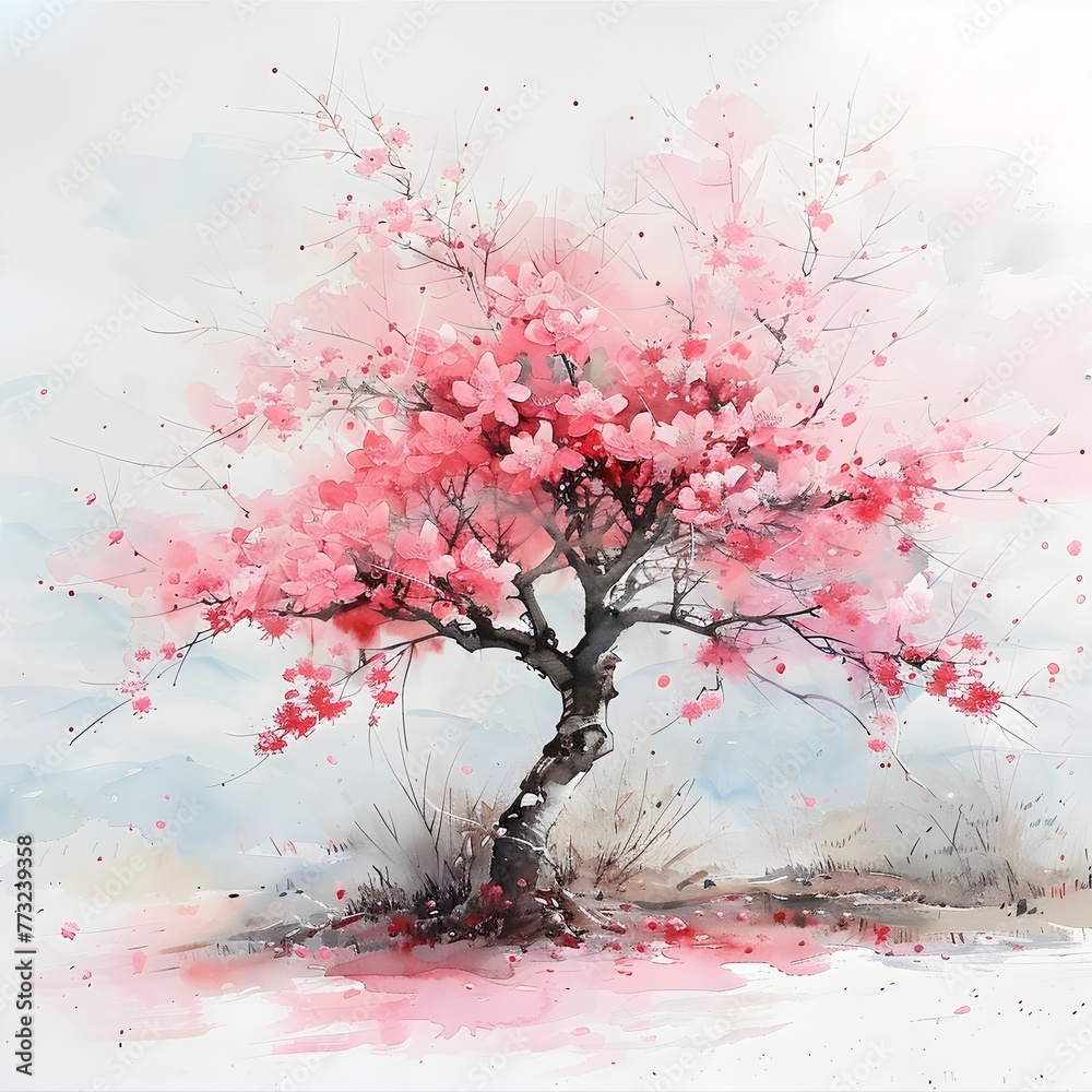 Fragile Watercolor Sakura Tree A Fleeting Beauty Resting on White Serenity