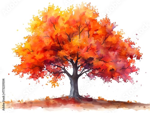 Enchanting Autumn Maple Tree in Vibrant Watercolor Painting