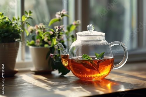 Glass teapot with tea on the table, selective focus