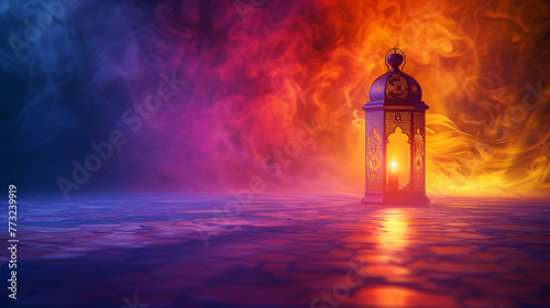 Spiritual Glow: Ornate Islamic Lantern Against a Fiery Sky - Celebratory Background for Eid, Ramadan, Alfitr, and Aladha