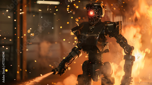 Humanoid robot acting as a fire fighter. Future concept with robotics and artificial intelligence.