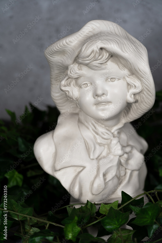 Germany Stature Sculpted head, head carved from white stone, Girl with a antique hat.with green leaves Germany Stature Sculpted head, head carved from white stone, Girl with a antique hat.with green leaves