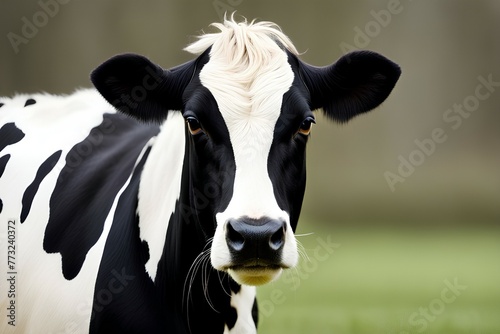 Closeup of a holstein cow with its distinctive black and white spotted pattern, a bovine dairy livestock, farm animal mammal domesticated breed vaca image 