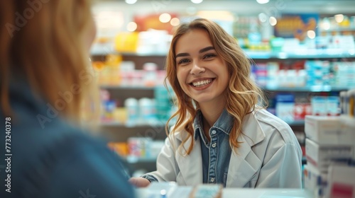 Smiling Young Pharmacist Assisting Customer © khwanchai