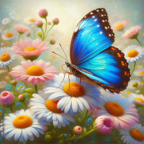 bright tropical butterflies on delicate rose flowers in the garden painted in watercolor © Fabian