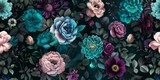 dark floral pattern with peonies, roses and daisys in teal blue purple pink and dark green on black background Generative AI