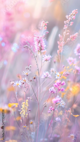 Vibrant Pastel Flower Meadow  Spring Landscape