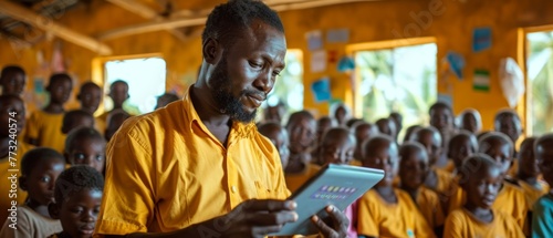 African Teacher Using Tablet in Classroom