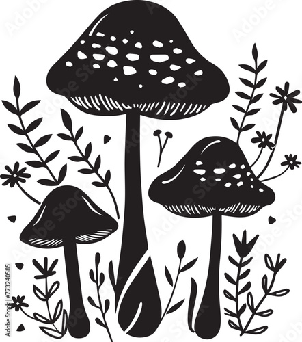 Black and white illustration of various mushrooms surrounded by flora, depicted in a charming black and white illustration, perfect for a variety of design uses
