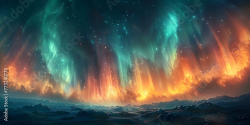 Northern lights dancing in the sky creating colorful curtains of light. Concept Northern Lights, Aurora Borealis, Night Sky Photography, Natural Phenomenon, Celestial Beauty