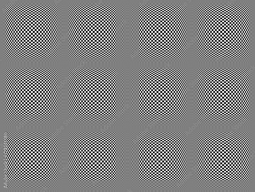 Obraz premium Panel złożony z kwadratów wypełnionych geometrycznymi sferycznymi wypukłościami, kulami 3D o teksturze biało - czarnej szachownicy. Abstrakcyjne tło