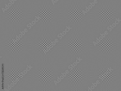 Panel złożony z kwadratów wypełnionych geometrycznymi sferycznymi wypukłościami, kulami 3D o teksturze biało - czarnej szachownicy. Abstrakcyjne tło © ellaa44