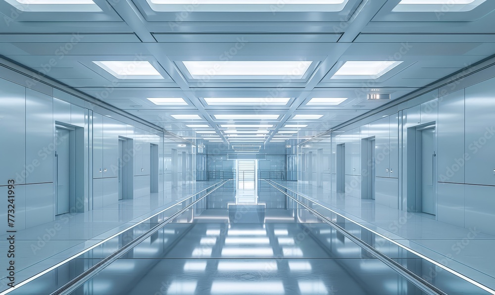 A futuristic and sleek curved corridor with highly reflective surfaces creating a spacious and otherworldly atmosphere.